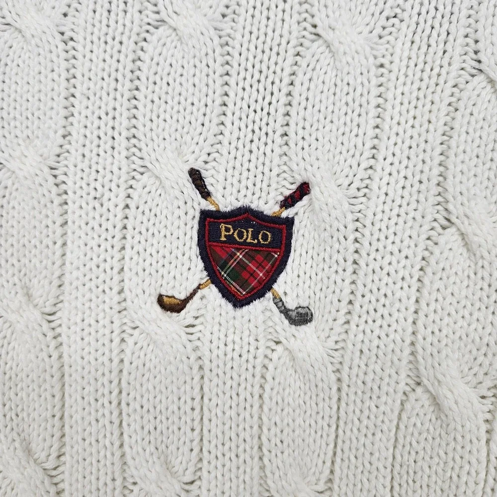 Vintage Polo Ralph Lauren Sweater Mens Large Cable Knit Crew Neck Shield White